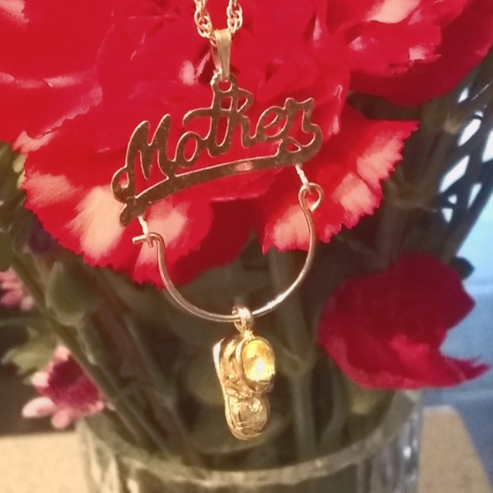 Gold Mother Charm Holder Necklace w Baby Boot Charm & Chain